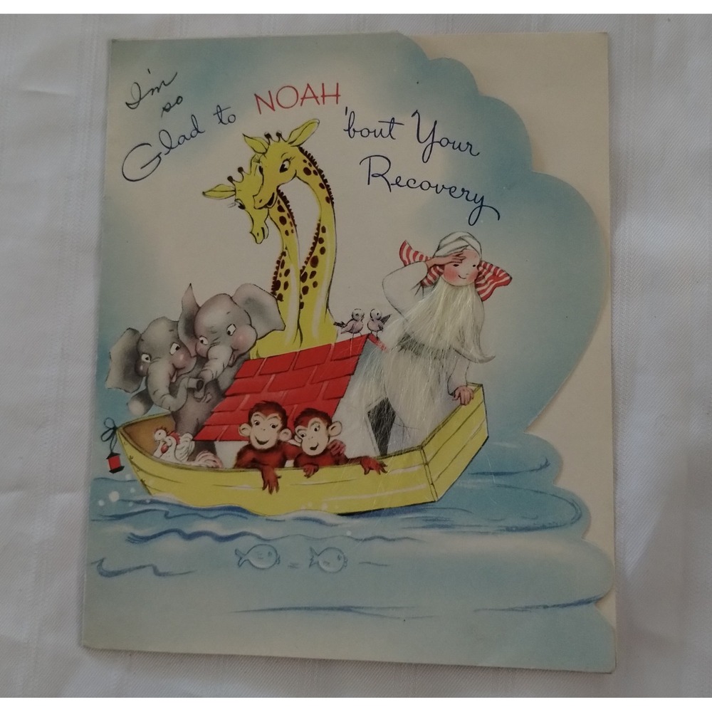 Vintage Get Well Card Noahs Ark Embellished Fuzzy Beard Animals Mid Century